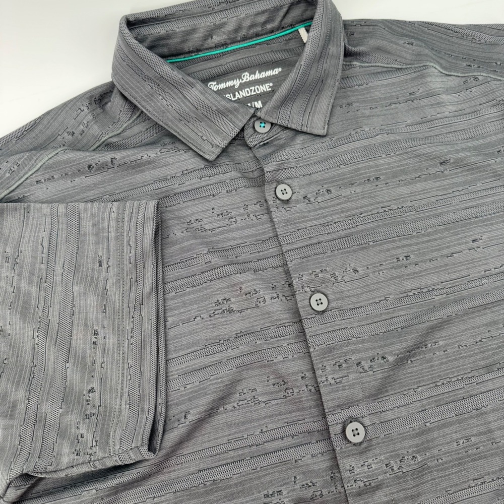 Tommy Bahama Island Zone Mens Med Grey Palm Tree Border Print Shirt Short Sleeve